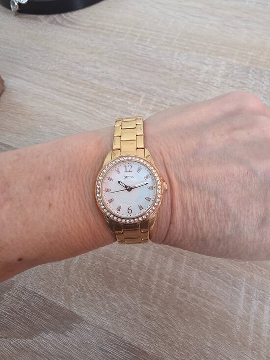 Guess Women\'s 27mm rose gold-tone stainless steel watch w/rhinestone bezel main image 6